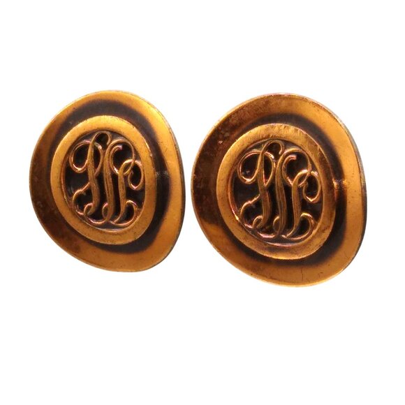 Vintage Monogram Style Copper Earrings, Clip On Modernist Mid Century Scrollwork - Picture 1 of 4